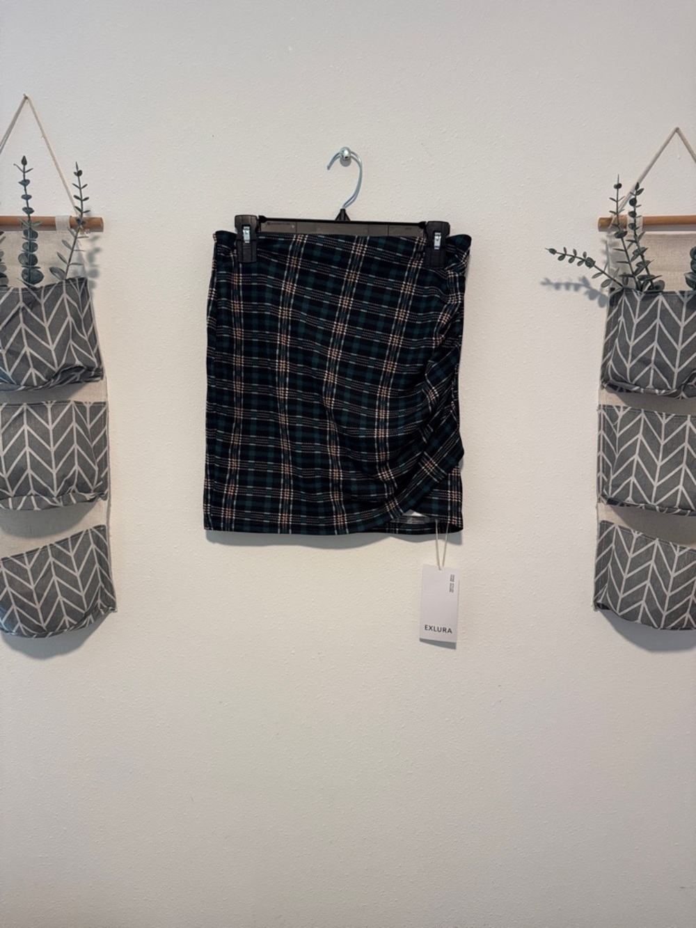 Plaid Ruched Mini Skirt in Black and Teal